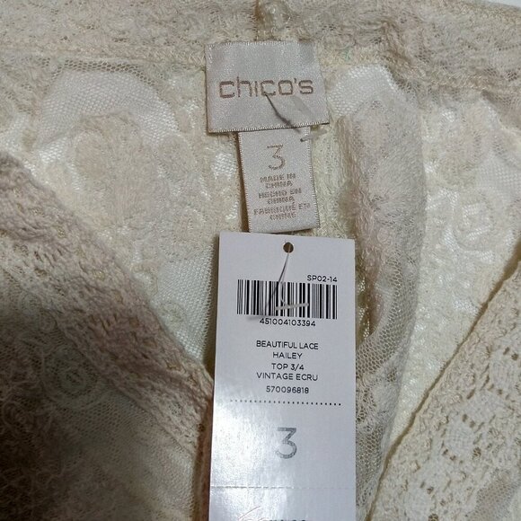 Chico's Size 3 16 Lace Hailey Top 3/4 Sleeve Vintage Ecru New NWT Beautiful - Picture 4 of 4